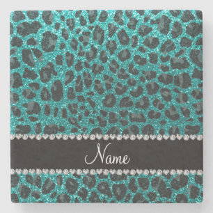 Custom name bright aqua glitter leopard print stone coaster