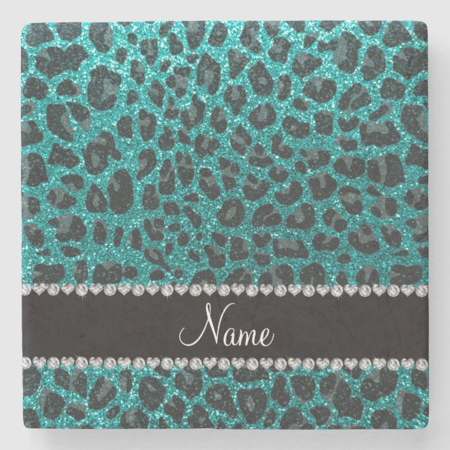 Custom name bright aqua glitter leopard print stone coaster (Front)