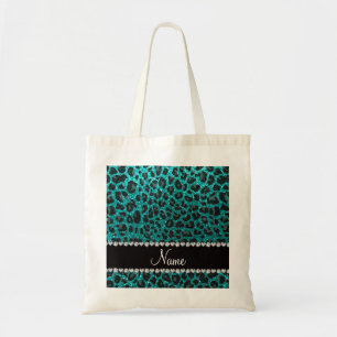 Custom name bright aqua glitter leopard print tote bag