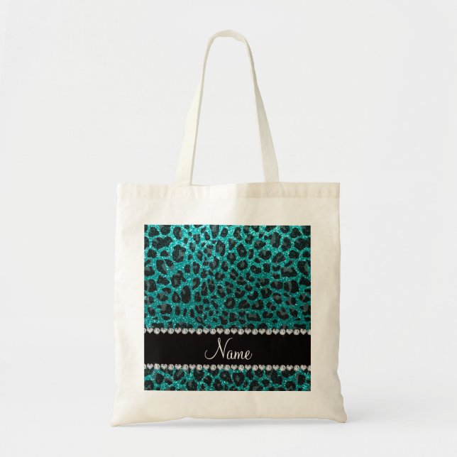 Custom name bright aqua glitter leopard print tote bag (Front)