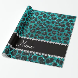 Custom name bright aqua glitter leopard print wrapping paper