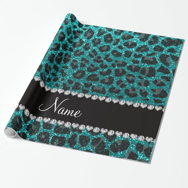 Custom name bright aqua glitter leopard print wrapping paper (Unrolled)