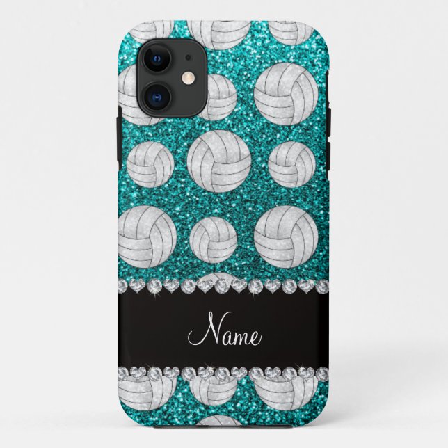Custom name bright aqua glitter volleyballs Case-Mate iPhone case (Back)