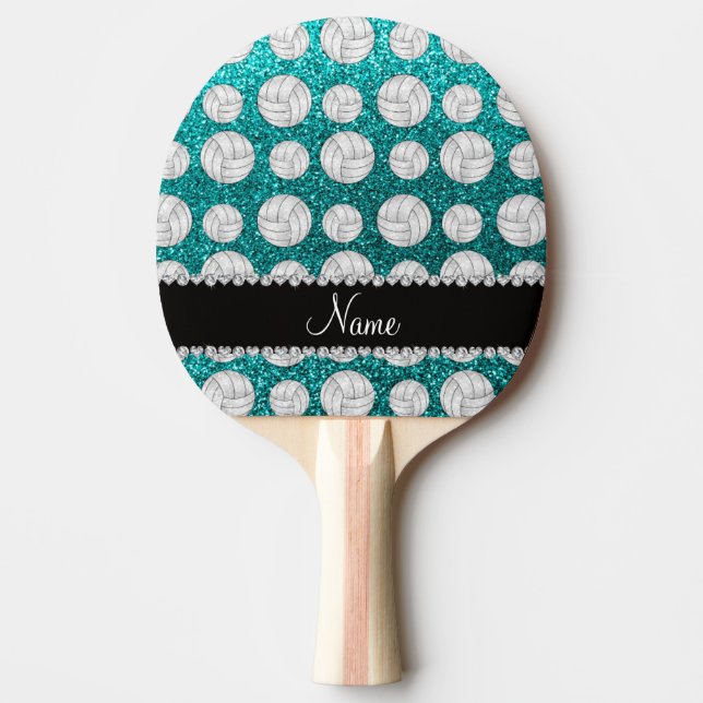 Custom name bright aqua glitter volleyballs ping pong paddle (Front)