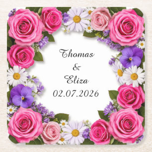 Custom Name Bright Floral Rose Frame Table Decor Square Paper Coaster
