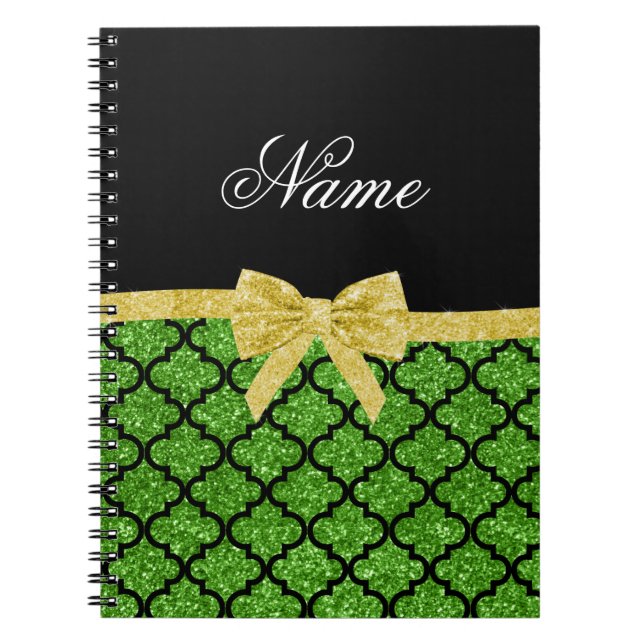 Custom name bright green glitter moroccan gold bow notebook (Front)