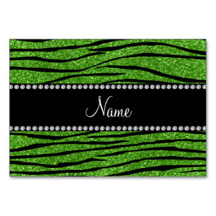 Custom name bright green glitter zebra stripes table number