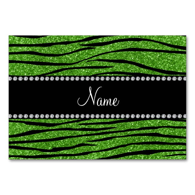 Custom name bright green glitter zebra stripes table number (Front)