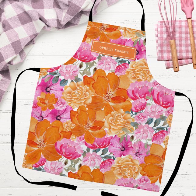 Custom Name Bright Orange Pink Floral Kitchen Apron (Creator Uploaded)