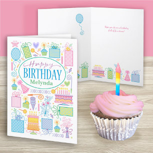 Custom Name Bright Pastel Pretty Birthday Icons Card