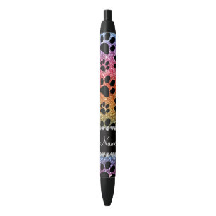 Custom name bright rainbow glitter black dog paws ink pen