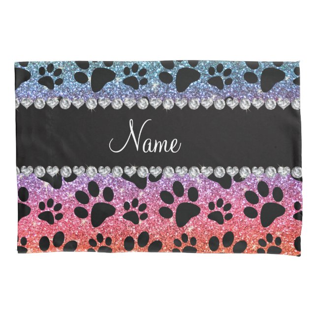 Custom name bright rainbow glitter black dog paws pillowcase (Front)