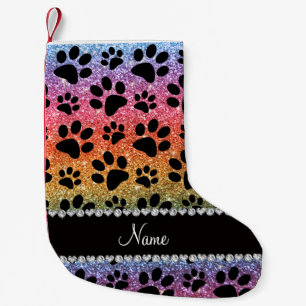 Custom name bright rainbow glitter black dog paws small christmas stocking