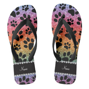 Custom name bright rainbow glitter black dog paws thongs