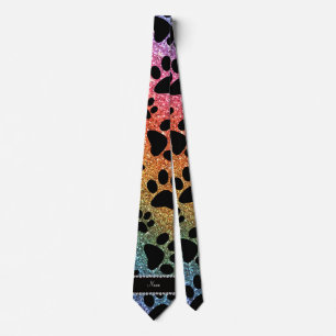 Custom name bright rainbow glitter black dog paws tie