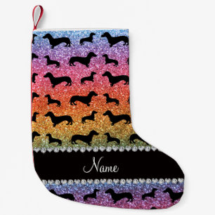 Custom name bright rainbow glitter dachshunds small christmas stocking