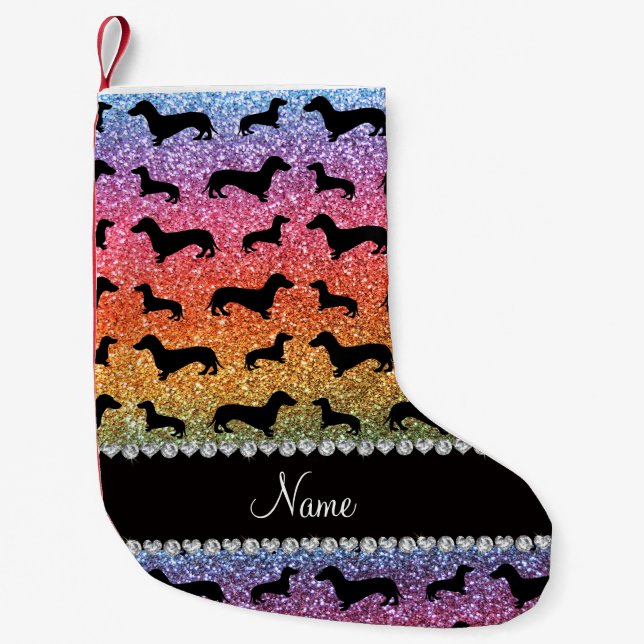 Custom name bright rainbow glitter dachshunds small christmas stocking (Front)