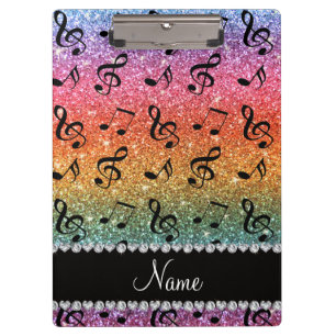 Custom name bright rainbow glitter music notes clipboard