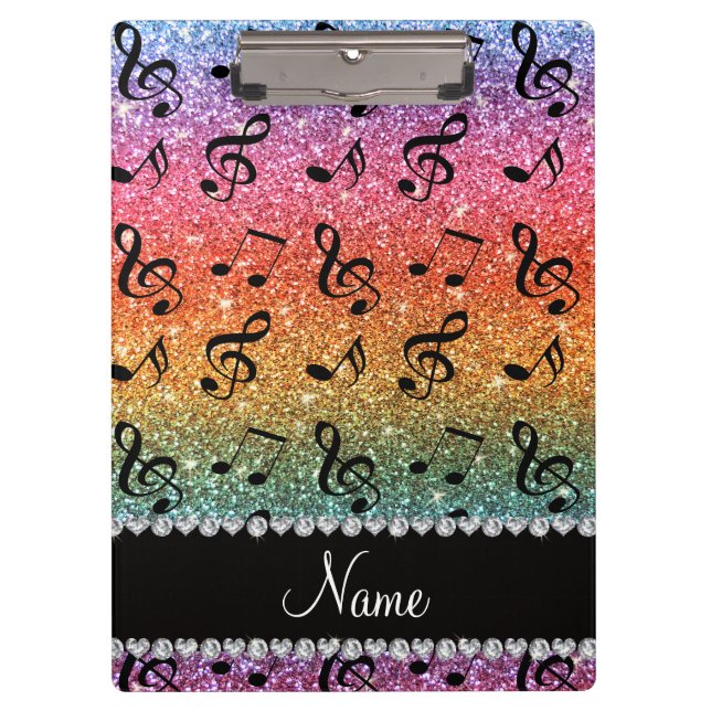 Custom name bright rainbow glitter music notes clipboard (Front)