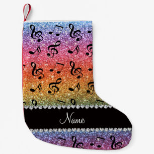 Custom name bright rainbow glitter music notes small christmas stocking