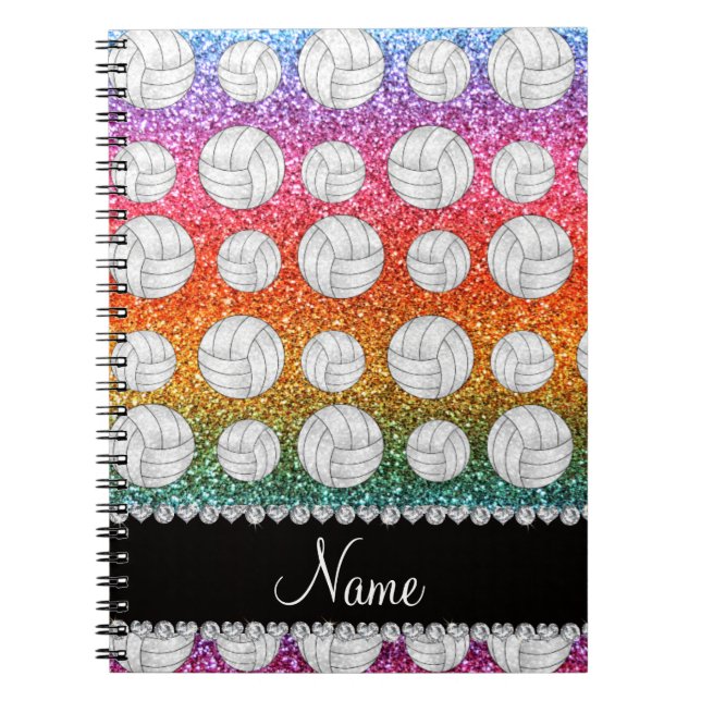 Custom name bright rainbow glitter volleyball notebook (Front)