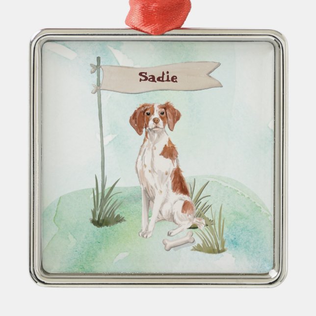 Custom Name Brittany Pet Dog Metal Ornament (Front)