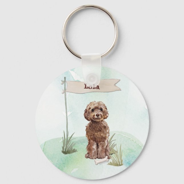 Custom Name Brown Cockapoo Pet Dog Key Ring (Front)