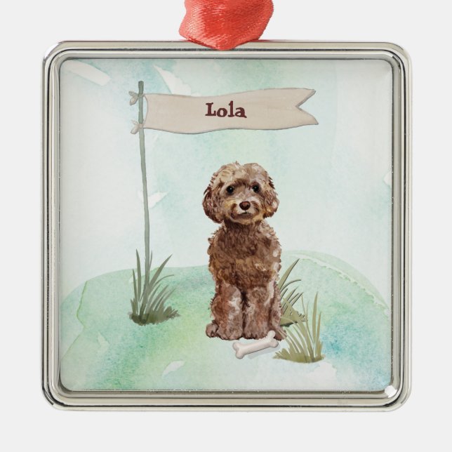 Custom Name Brown Cockapoo Pet Dog Metal Ornament (Front)