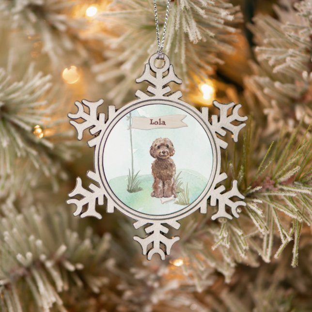 Custom Name Brown Cockapoo Pet Dog Snowflake Pewter Christmas Ornament (Tree)