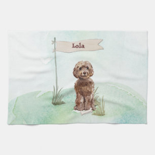 Custom Name Brown Cockapoo Pet Dog Tea Towel
