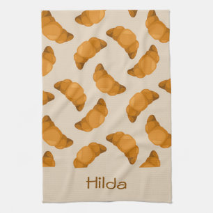Custom name brown croissants pattern tea towel