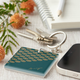 Custom name brown floral on pine green key ring