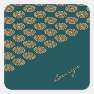 Custom name brown floral on pine green square sticker
