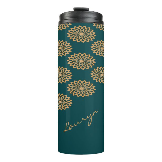 Custom name brown floral print on green thermal tumbler (Front)