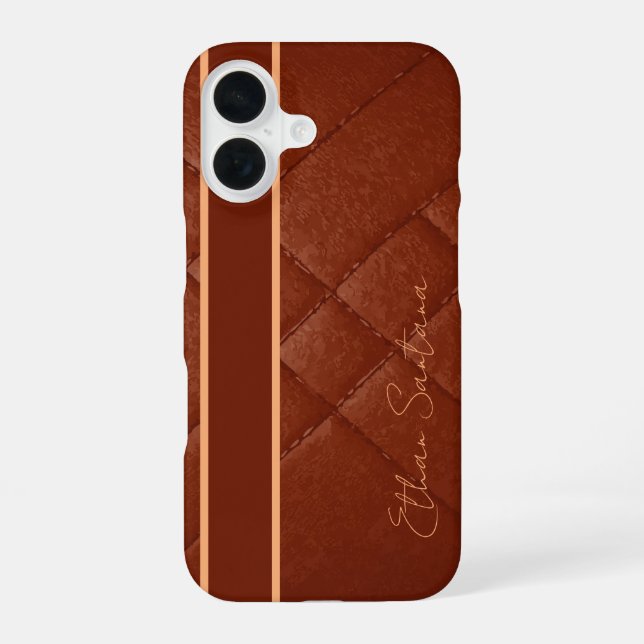 Custom Name Brown Leather iPhone 16 Case (Back)