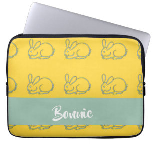 Custom name bunnies on yellow laptop sleeve