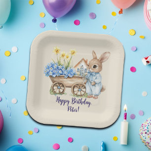 Custom Name Bunny with Blue Flowers Birthday Party Paper Plate