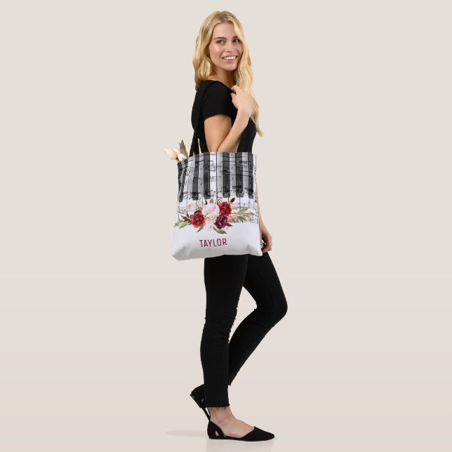 custom name burgundy flowers music notes piano tote bag (On Model)