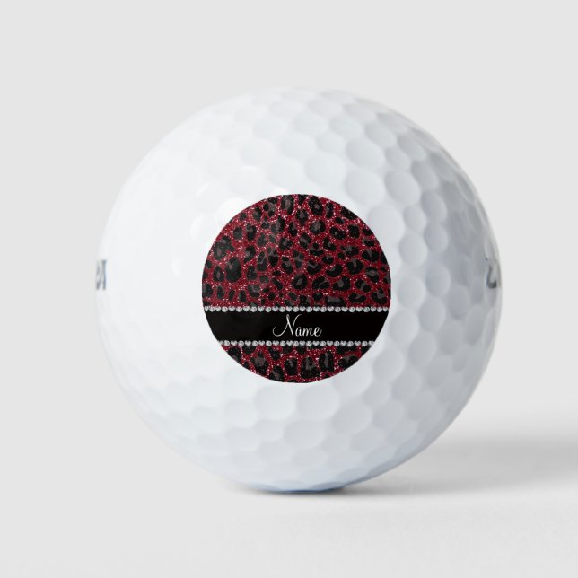 Custom name burgundy glitter leopard print golf balls (Front)