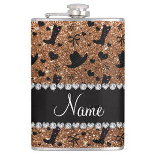 Custom name burnt gold glitter cowboy boots hats hip flask