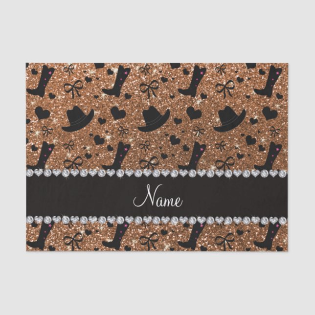 Custom name burnt gold glitter cowboy boots hats tissue paper (Front)