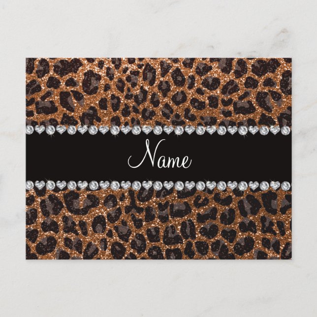 Custom name burnt gold glitter leopard print postcard (Front)
