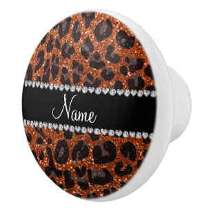Custom name burnt orange glitter leopard print ceramic knob