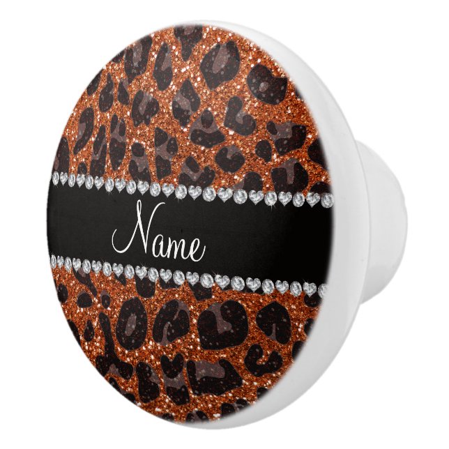Custom name burnt orange glitter leopard print ceramic knob (Right)