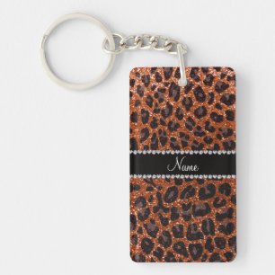 Custom name burnt orange glitter leopard print key ring