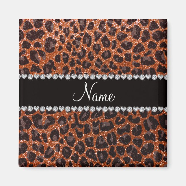 Custom name burnt orange glitter leopard print magnet (Front)