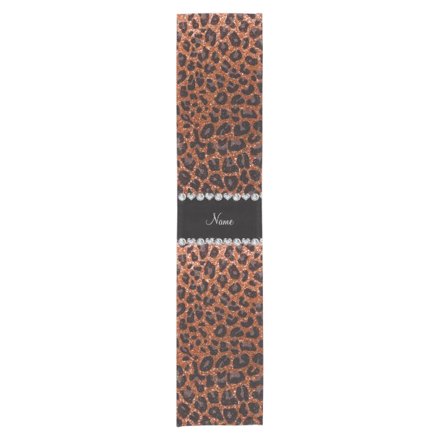 Custom name burnt orange glitter leopard print short table runner (Front)