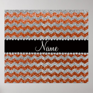 Custom name burnt orange silver glitter chevrons poster