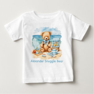 Custom Name Bute Beach Blue Teddy Bear Baby Shirt