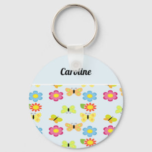 Custom name butterflies and flowers blue pattern key ring